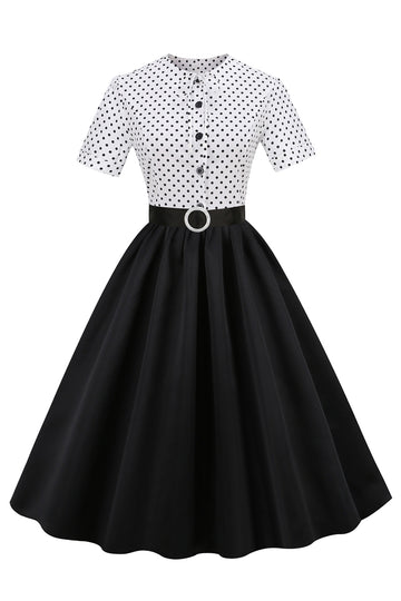 Vestido de lunares blancos y negros Vintage de la década de 1950